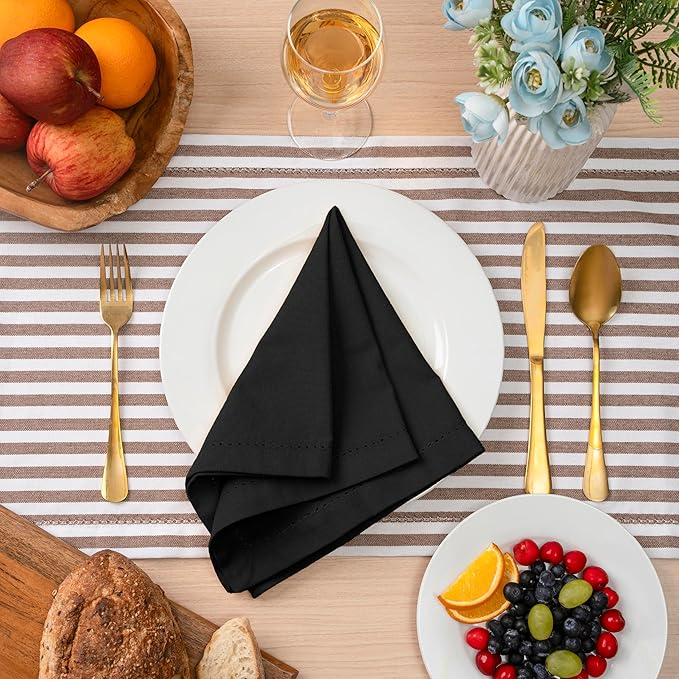 Blue Needles Set of 12 Hemstitch Linen Napkins 100% Cotton Black Cloth Dinner Napkins 18x18 inches, Soft, Reusable, Absorbent, Washable, Ideal for Wedding Events, Parties & Everyday Use