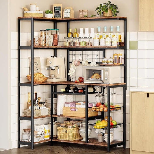 IRONCK Large Bakers Rack with Power Outlet, 6-Tier Corner Microwave Stand, Industrial Coffee Bar with Wine Rack, Hooks & Wire Baskets for Kitchen Spices/Pots, Rustic Brown