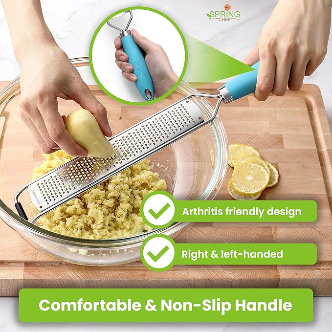 Spring Chef Stainless Steel Lemon Zester Grater with Handle - Garlic, Cheese, Parmesan, Nutmeg, Lime, Ginger Grater - Heavy Duty Kitchen Tool - Citrus Zester with Blade Cover - Fine Shred - Aqua Sky