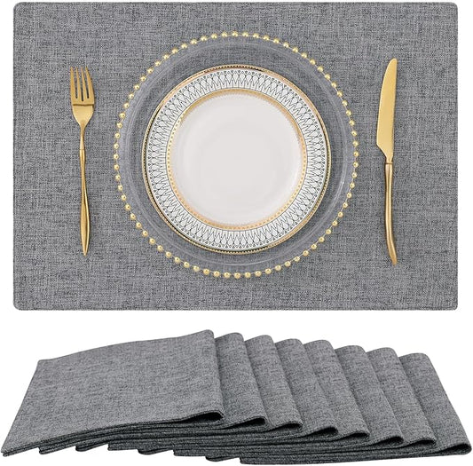 homing Cotton Linen Placemats Set of 8, Cloth Washable Farmhouse Dining Table Mats for Indoors & Outdoors, Easy to Clean, Dark Grey, 13 x 19 Inch