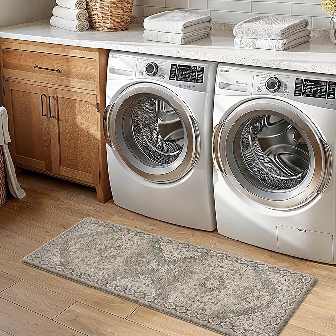 GENIMO Kitchen Mats for Floor, 2PCS Kitchen Rugs Non Slip Washable, Waterproof Anti Fatigue Mat, Comfort Standing Runner Rug for Sink, Office, Laundry, Home, 17.3"x47"+17.3"x30", Brown