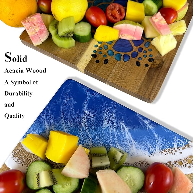 LILKUISYN Acacia Wood Cutting Board With Blue Resin Wave & Sea Turtle Epoxy Resin Ocean Pan for Kitchen Meal Prep Serving Tray Versatile Cheese & Charcuterie Board for Meat Vegetable Gift 15*10 inch