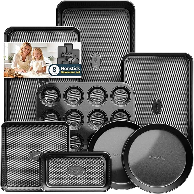 Slow Slog Nonstick Baking Pans Set, 8-Piece Stackable Bakeware Sets, Non-Toxic Oven Pan Set, Includes Baking Sheet, Cake Pan, Muffin Pan, Loaf Pan, Square Pan, Cookie Sheet & Roasting Pan, Black