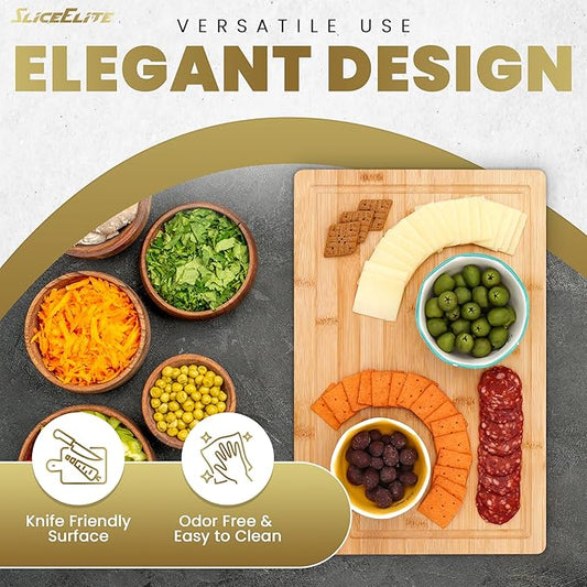 SliceElite 3pc Bamboo Cutting Board Set: Eco-friendly, durable chopping boards with handles & juice grooves. Ideal for all kitchen tasks (Large, Medium, Small), Natural