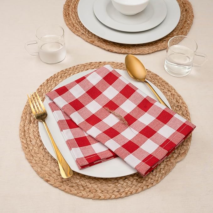 Blue Needles Gingham Buffalo Plaid Cloth Napkins 100% Cotton Set of 12 Dinner Table Napkins 18x18 inch Soft, Reusable, Washable Perfect for Valentine's Day Parties & Everyday Use - Red & White