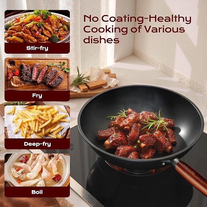 ziluetar Carbon Steel Wok 13-Inch Wok Pan with Glass Cover Silicone Spatula, Non-Stick Surface Woks & Stir-Fry Pans Pre-Seasoned Chinese Wok Pan for Induction, Electric, Gas Stoves Cooking