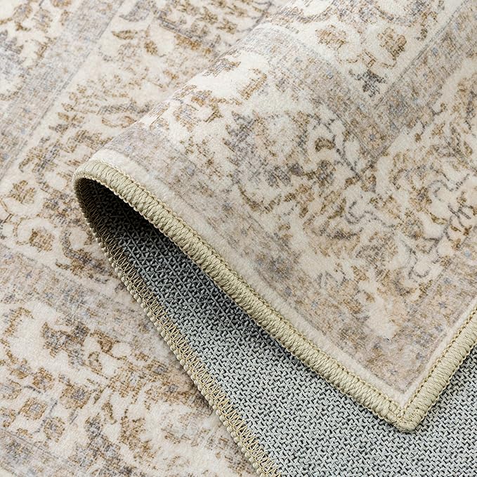 Light Brown Runner Rug 2x5 Hallway Machine Washable Kitchen Vintage Distressed Non Slip Long Carpet Indoor Retro Floral Bedroom Accent Throw Rug for Bathroom Office Laundry Dining Room