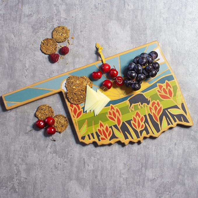 Totally Bamboo Oklahoma State Shaped Cutting Board and Charcuterie Serving Platter with Artwork by Summer Stokes, Includes Hang Tie for Wall Display Varies