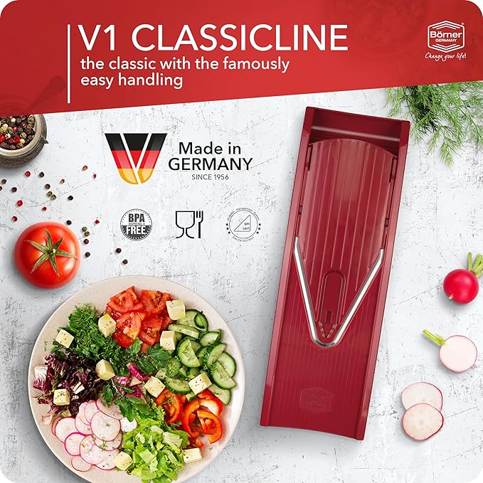 Börner Mandoline Slicer V1 (Professional Set) • V-Slicer with 4 Inserts, Fruit Holder, Docking Station, Box • Adjustable Vegetable Slicer • Cuts into Slices, Strips & Dices • Color: Red