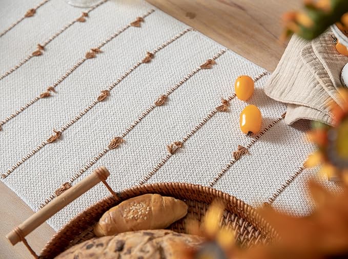 Caflife Boho Table Runner 90 Inchs Long for Modern Farmhouse Room Home Decor, Brown and Beige Coffee Table Runner, Natural Cotton Woven with Tassels Neutral, for Kitchen Dining Table Decor