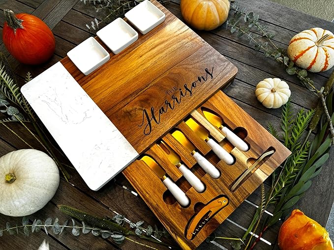Quartz & Acacia Modern Charcuterie Board Set 16 pcs Laser Engraved Cheese Board And Knife Set Realtor Closing gift Custom Christmas Wedding