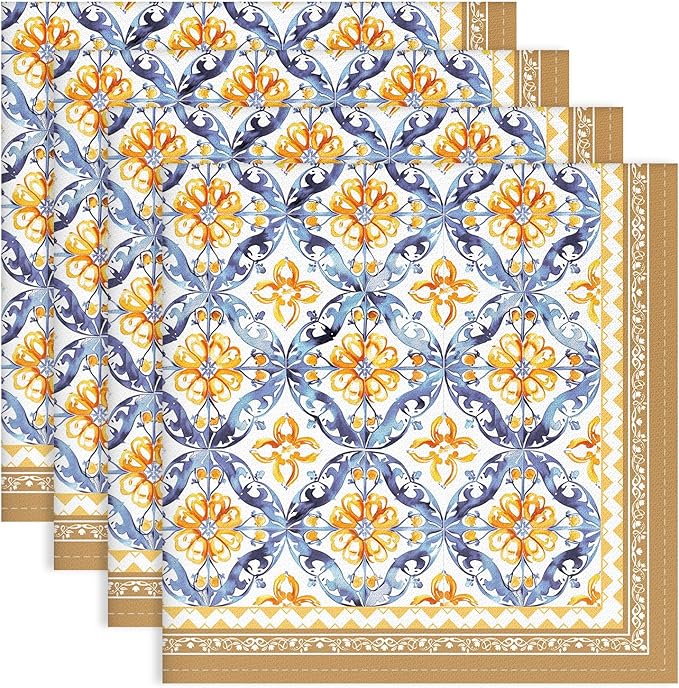 Boho Floral Print Cloth Napkins 100% Cotton, 18" X 18" Dinner Napkins Cloth Set, Washable Napkins for Home, Kitchen, Dinner, Party, Wedding, Cocktail, Set of 4