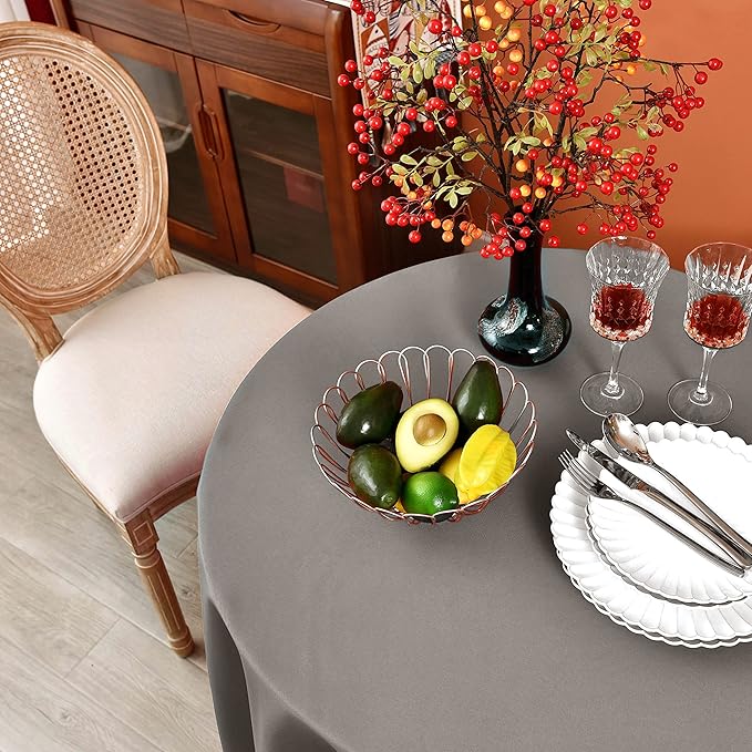 MEANMOY Grey 210 GSM Water & Stain Resistant Round Tablecloth for Circle Table - Solid 60 Inch Table Cloth Cover in Wrinkle Free Durable Washable Polyester Fabric for Wedding, Party, Banquet