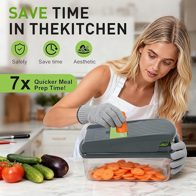 Multifunctional Mandoline Slicer with 7 Blades, Vegetable Chopper Food Cutter with Container, Onion Dicer Potato Grater Salad Prep Tool, Stainless Steel Kitchen Gadgets for Veggie Fruit (Grey)
