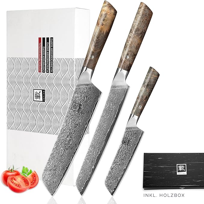 zayiko Jun Damascus Kitchen Knife Set – 3-Piece Professional Chef Knife Collection | 67-Layer VG10 Core Steel | Maple Wood Handles | Chef, Carving & Utility Knives in Wooden Gift Box