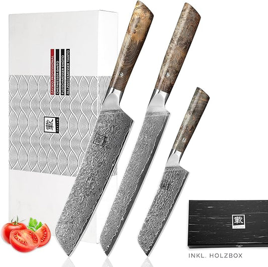 zayiko Jun Damascus Kitchen Knife Set – 3-Piece Professional Chef Knife Collection | 67-Layer VG10 Core Steel | Maple Wood Handles | Chef, Carving & Utility Knives in Wooden Gift Box