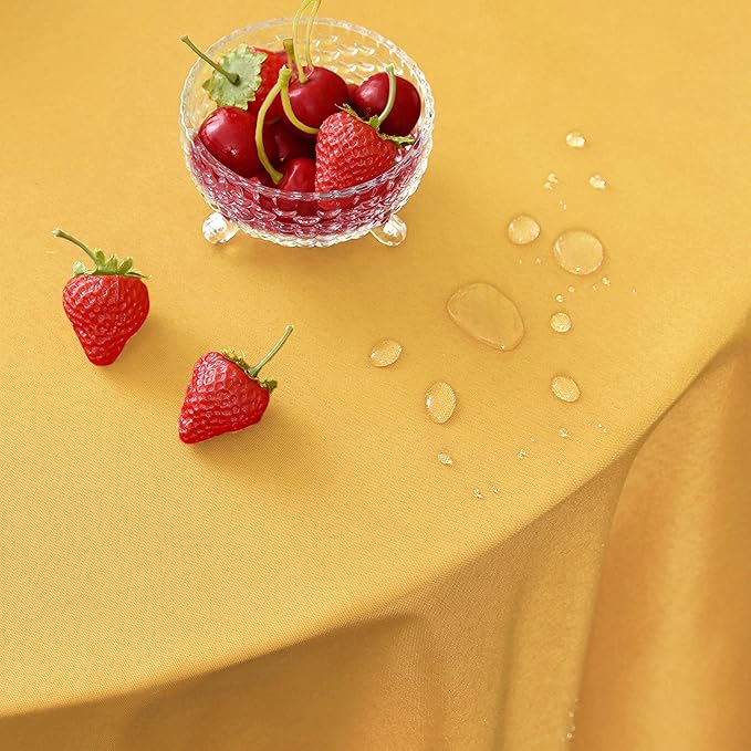 MEANMOY Gold 210 GSM Water & Stain Resistant Round Tablecloth for Circle Table - Solid 120 Inch Table Cloth Cover in Wrinkle Free Durable Washable Polyester Fabric for Wedding, Party, Banquet