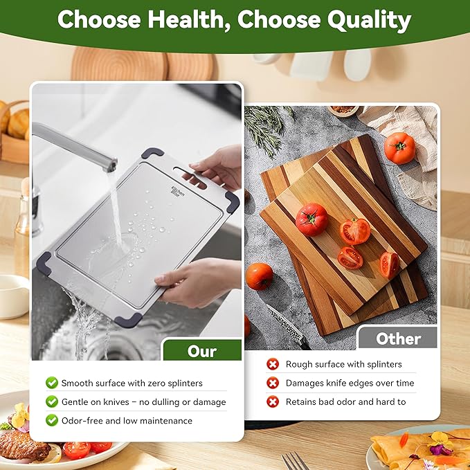 Stainless Steel Cutting Board, Double Sided Food Gradable Steel Cutting Boards for Kitchen with 2 Cleaning Scrapers, Metal Cutting Board with Grooves for Fruits (Large)