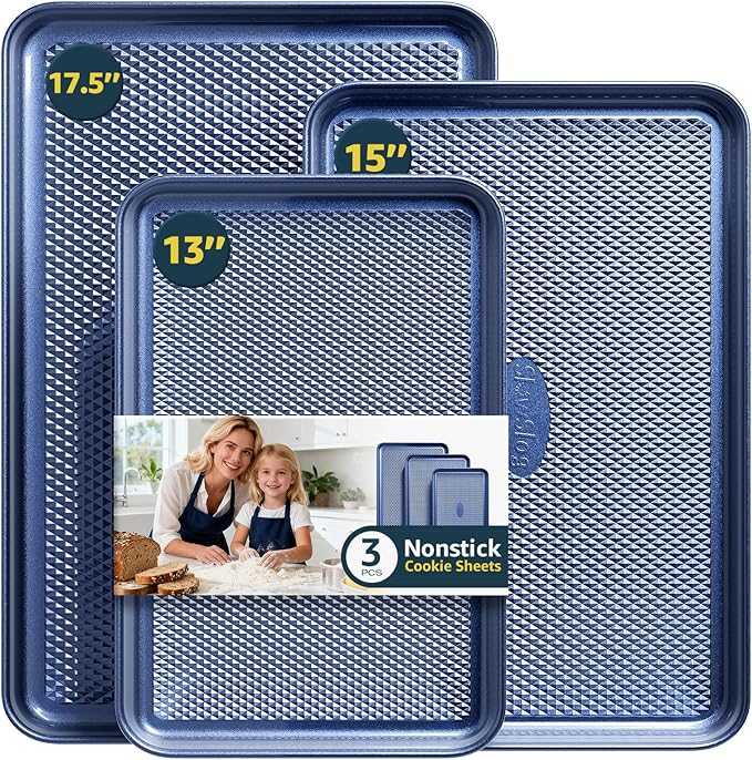 Slow Slog 3Pcs Nonstick Baking Sheet, Baking Sheet Pan Set, Jelly Roll Pans, Cookies Sheet for Baking, Cookie Sheet Pan with Diamond Texture, Blue