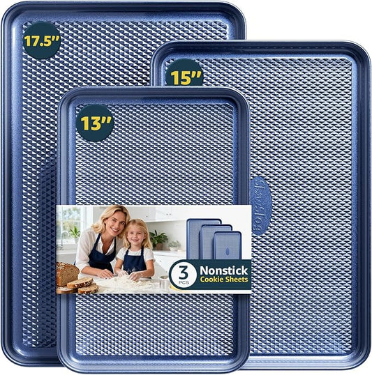 Slow Slog 3Pcs Nonstick Baking Sheet, Baking Sheet Pan Set, Jelly Roll Pans, Cookies Sheet for Baking, Cookie Sheet Pan with Diamond Texture, Blue