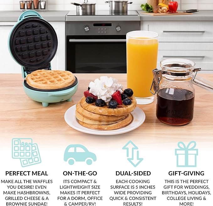Nostalgia MyMini Personal Electric Waffle Maker, 5-Inch Cooking Surface, Waffle Iron for Hash Browns, French Toast, Grilled Cheese, Quesadilla, Brownies, Cookies, Aqua
