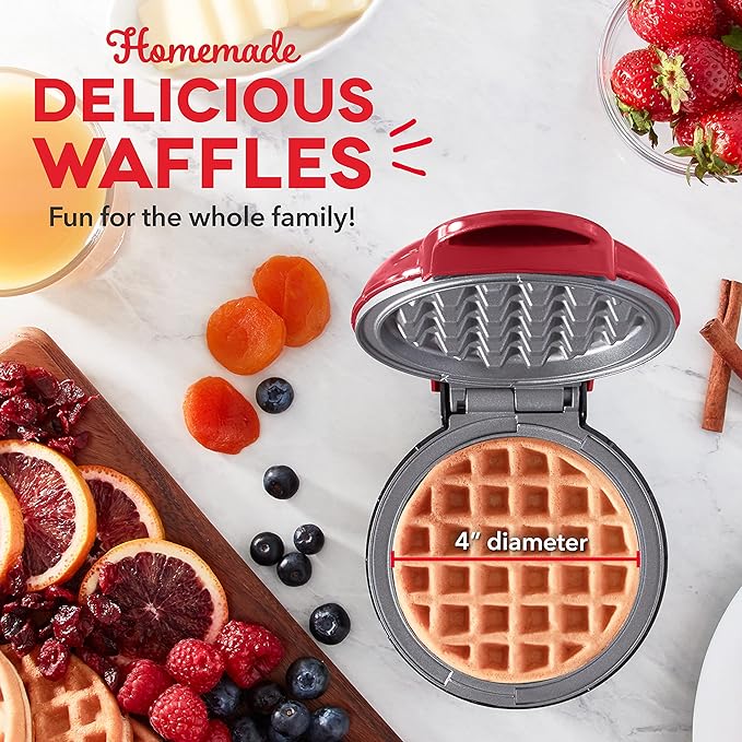 Dash Deluxe Mini Waffle Maker- Compact, Easy-to-Clean Breakfast Appliance - Convenient Cord Wrap - Cleaning Brush Included - 4-Inch - Apple Red