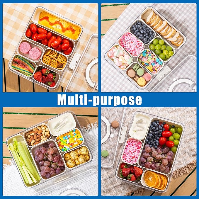 Bandesun Divided Serving Tray with Lid and Handle - Clear Organizer for Candy, Fruits, Nuts, Snacks - Perfect for Party, Entertaining - Snackle Box Charcuterie Container for Portable Snack Platters
