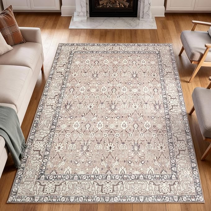 Kuden 8x10 Large Area Rug, Machine Washable Area Rug with Non-Slip Backing, Vintage Style, Soft, Easy Clean, Low Pile Rug for Living Room, Bedroom, Dining Room