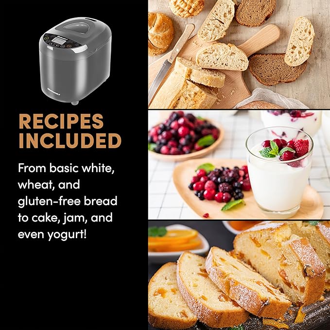 Elite Gourmet Programmable Bread Maker with PFAS Free Ceramic CERALAST™ Bread Pan & Kneading Blade, 19 Menu Functions Gluten-Free, White, Wheat, Rye, French & more, 2lbs, Gray