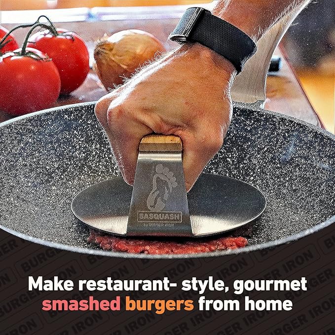 The Sasquash - 6" Heavy Duty Extra Wide Flat Handle Smashed Burger Press - Commercial Grade Welded Stainless Steel Burger Smasher (5pc Burger Master Kit)