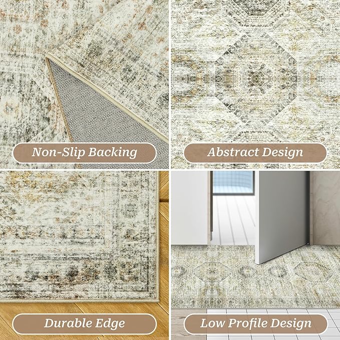 Washable Runner Rugs for Bedroom - 2x6 Runner Rug Non Slip, Ultra-Thin Entryway Runner, Soft Abstract Kitchen Runner for Hallway, Laundry, Bathroom, Indoor Door Mat(2'x6', Grey/Yellow)