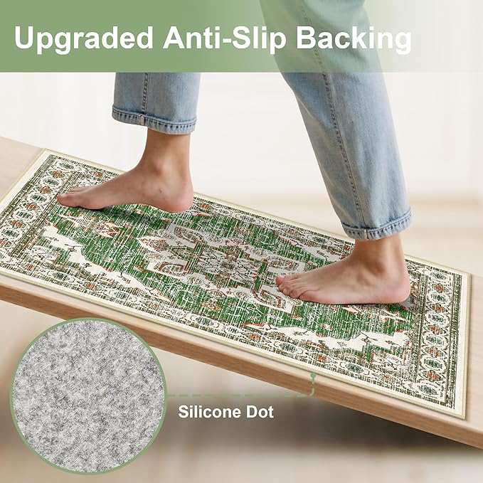 Tritard Non Slip Kitchen Rugs Sets of 3 Washable Kitchen Rug Boho Kitchen Mats for Floor Soft Kitchen Runner Rug Non Skid Kitchen Floor Carpet for Entryway Hallway Laundry Room, Green