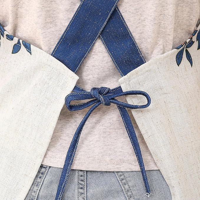 patdrea Blue Floral Linen Apron with Pocket,French Kitchen Garden Chef BBQ Aprons for Women and Men,Crisscross Back Straps