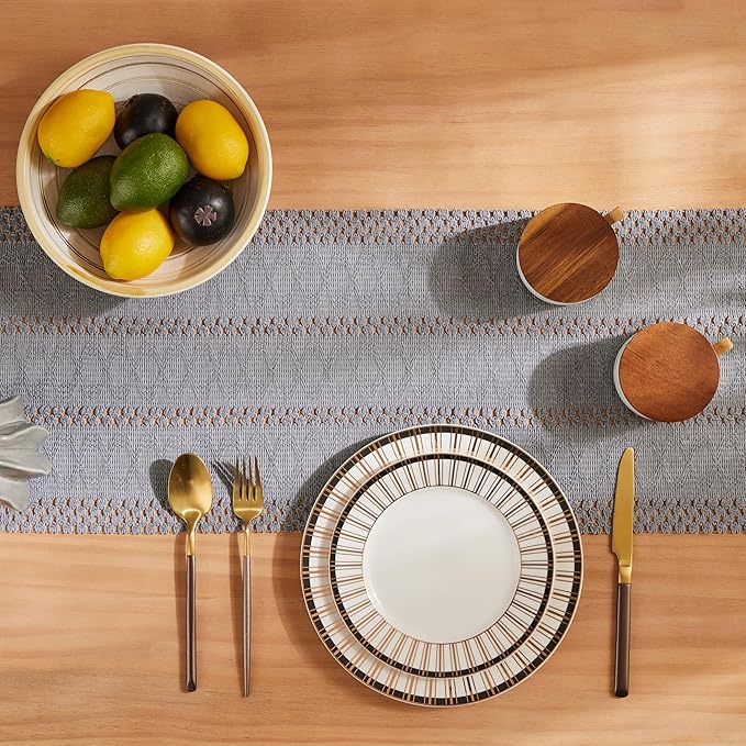 ZeeMart Macrame Style Boho Table Runner, Blue Grey Table Runners 108 Inches Long, Farmhouse Woven Home Decor, 12x108 Inch, Light Blue Grey