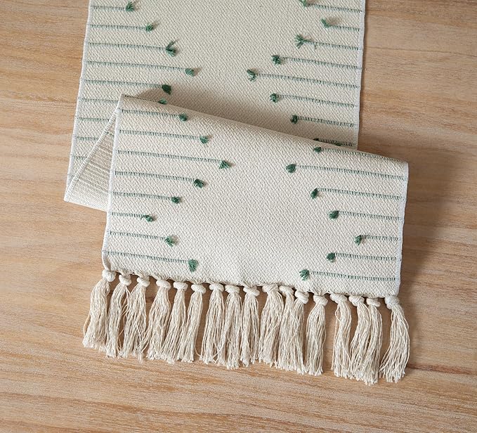 Boho Table Runner 13 x 48 Inch Long Natural Cotton Woven Runner with Tassels for Home Dining Table décor, for Modern Farmhouse Decor Coffee Table Runner, Green and Beige