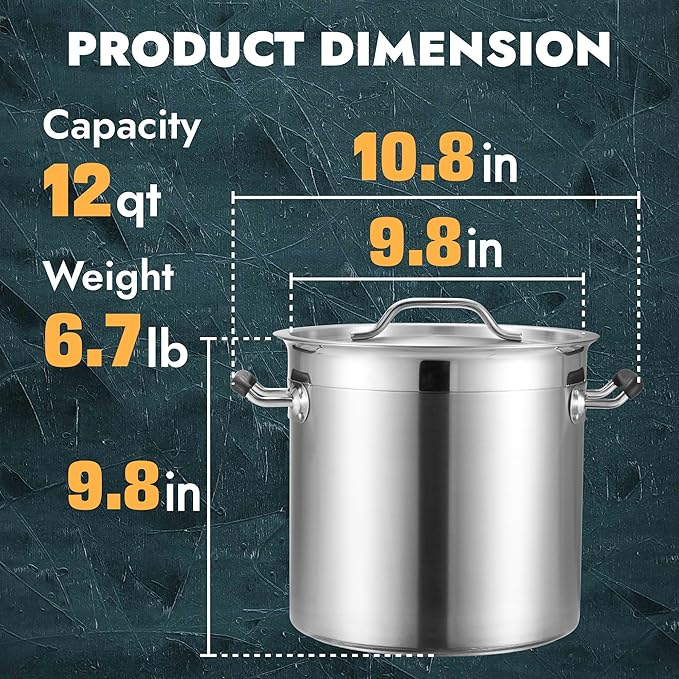 CURTA 12 Quart Large Stock Pot with Lid, NSF Listed, 3-Ply 18/8 Stainless Steel Heavy Duty Cooking Pot, Commercial Cookware for Soup, Stew & Sauce, Riveted Silicone Handle, Induction Ready