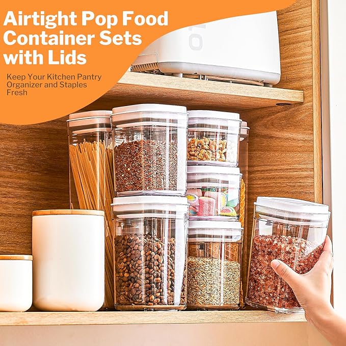 Pop Airtight Food Storage Container Set, 4 Pcs Cereal Storage Organizer Canisters with Pop Lids, BPA-Free, Vacuum Seal & One-button Opening, Stackable Pantry Containers for Dry Food Storage