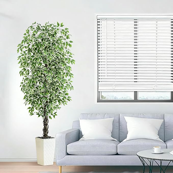 Artificial Ficus Tree Indoor 7FT Fake Plants Large Artificial Plant with Crack White Tall Planter, Green Lifelike Lush Fake Ficus Tree for Home Living Room Bedroom Outdoor Balcony House Office Decor