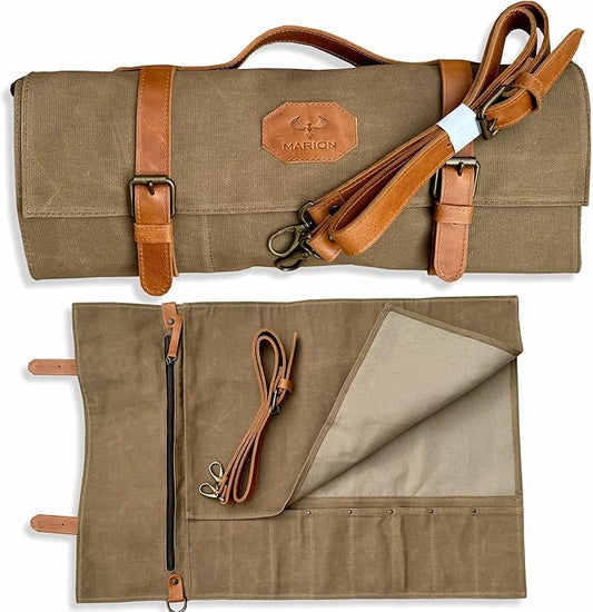 Le Voyageur Sand by Marion - Waxed Canvas with Genuine Calf Top Grain Leather - Handmade Professional Chef Knife Storage Roll Bag - 8 Pockets and Zippered Pocket, Sand