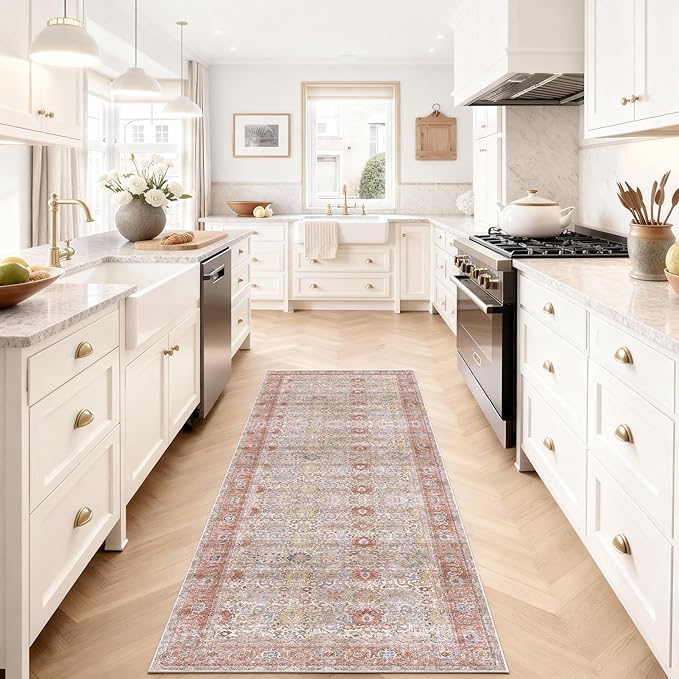 Kuden 2'6"x10 Runner Rug, Machine Washable Area Rug with Non-Slip Backing, Vintage Style, Soft, Easy Clean, Low Pile Rug for Hallway, Entryway, Kitchen, Bedroom