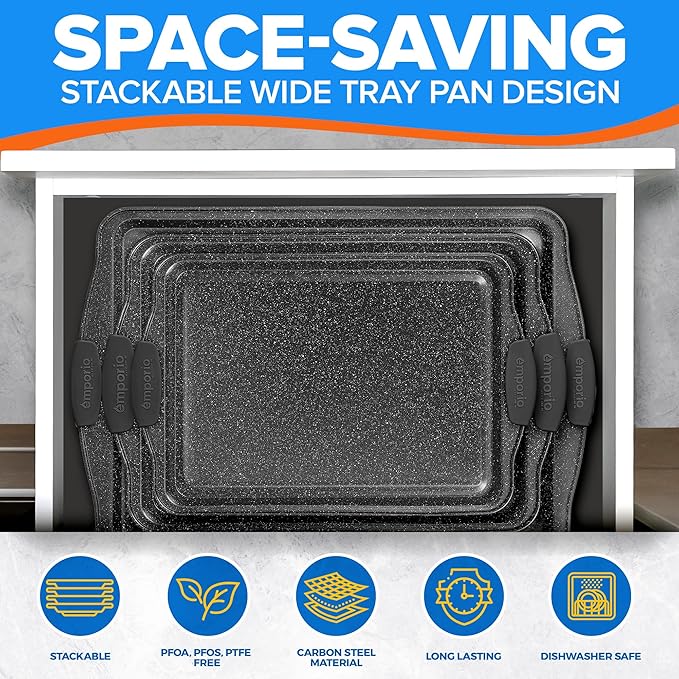 Emporio Kitchen Baking Pan Set - Nonstick Coating, Carbon Steel Bakeware Sets with Gray Silicone Handles, PFOA, PFOS, PTFE Free, Recipe Booklet Included, Oven Safe Tray (Up To 450° F), Set of 3 - Gray