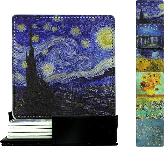 Artistic Coasters Square Leather Drinks Coaster Set with Holder for Coffee Table Bar Home Decor 4 Inches Set of 6