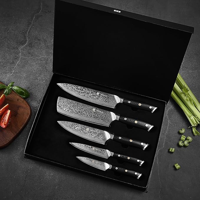 Wakoli Elite Cuisine Knife Block Set – 5-Piece Professional Damascus Kitchen Knife Set with Magnetic Block, G10 Handles & VG10 Core in Elegant Gift Box