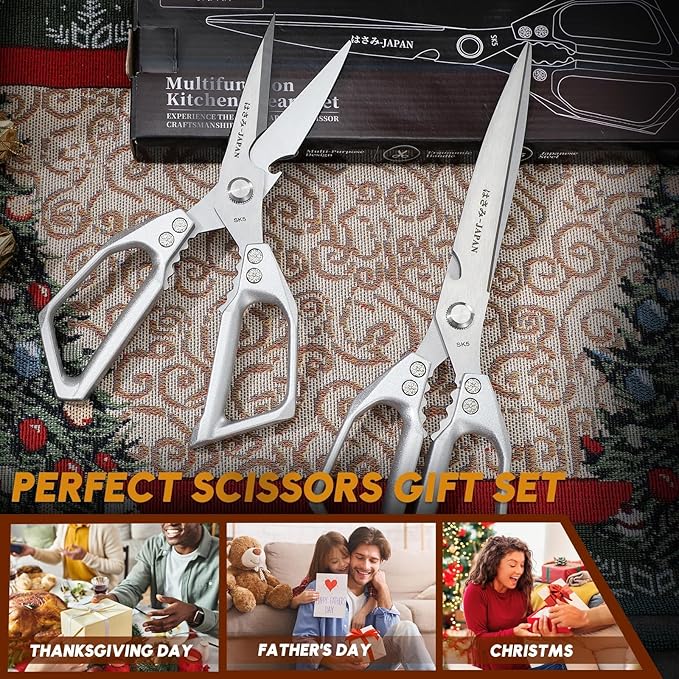 HUUSK Kitchen Scissors Set Silver - Upgraded Stainless Steel Kitchen Shear, Sharp Meat Scissors Dishwasher Safe, Heavy Duty Poultry Shears, Japanese Cooking Scissor for Food, Christmas Gifts for Women