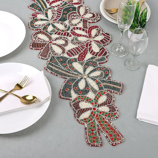 Decorative Beaded Runner 36 Inch, 13x36 Inch Handcrafted Glass Beads & Polyester | Premium Holiday, Christmas & Wedding Decor | Elegant Dining Table Accent (Maroon Dark Green) - ALPHA Living HOME