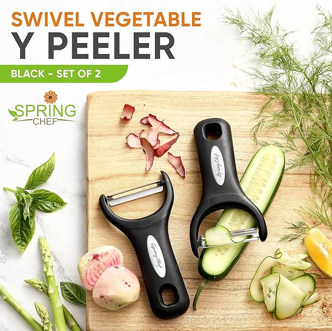 Spring Chef Swivel Vegetable Y Peeler with Sharp Stainless Steel Blades, Set of 2 & Premium Lemon Zester (Fine Grater) with Handle - 3 Product Bundle - Black