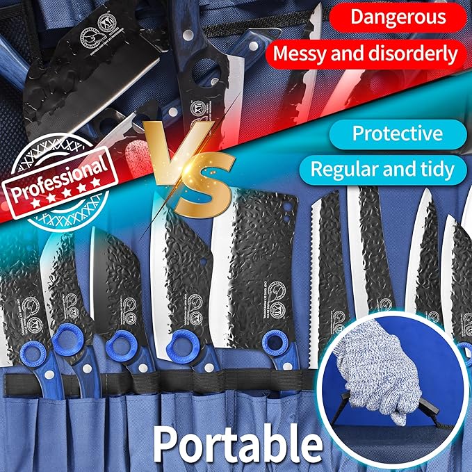 XYJ Professional Kitchen Knife Set with High-Carbon Steel Forged Blades, Chef's Knife, Cleaver, Carving Knife, Nakiri, Full Tang Design, Includes Carrying Bag & Poultry Scissors