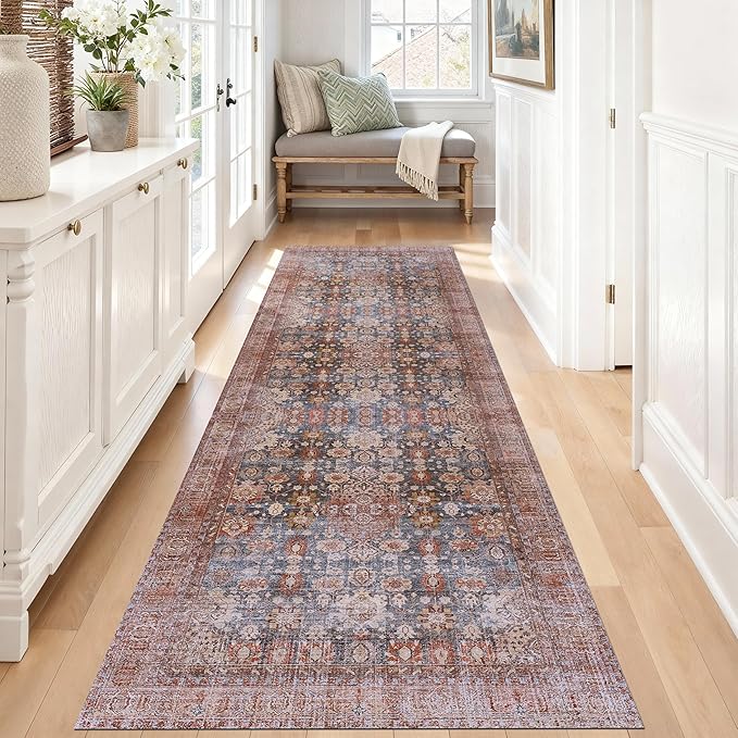 Kuden 2'6"x7' Runner Rug, Machine Washable Area Rug with Non-Slip Backing, Vintage Style, Soft, Easy Clean, Low Pile Rug for Hallway, Entryway, Kitchen, Bedroom