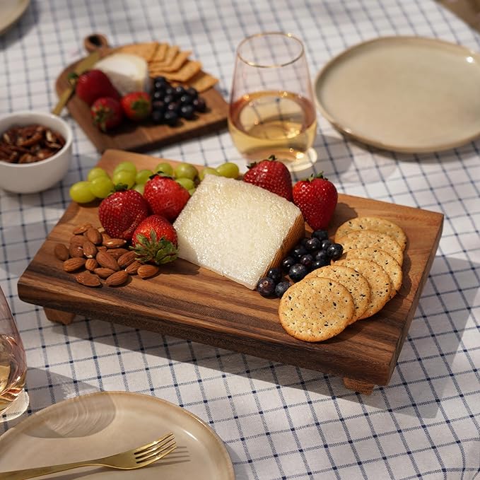 Twine Footed Wood Serving Board Decorative Tray Decor, Kitchen Table Decor or Kitchen Counter Decor, Acacia Wood Riser 13in by 8in Set of 1