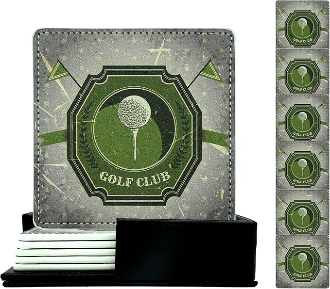 Marble Coasters Square Leather Drinks Coaster Set with Holder for Coffee Table Bar Home Decor 4 Inches Set of 6 (Golf, One Size)